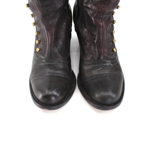 Calleen Cordero Knee High Boots 6.5 Black Brown Leather Brass Button Wedge Heel - Picture 8 of 15